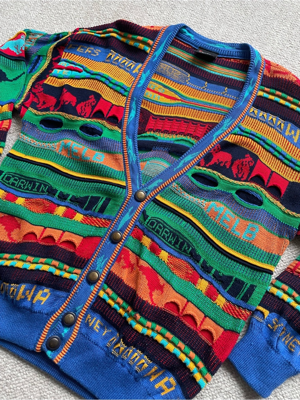 Vintage Emaroo Australia 3D Knit Cardigan, Coogi Style, Multicolor
